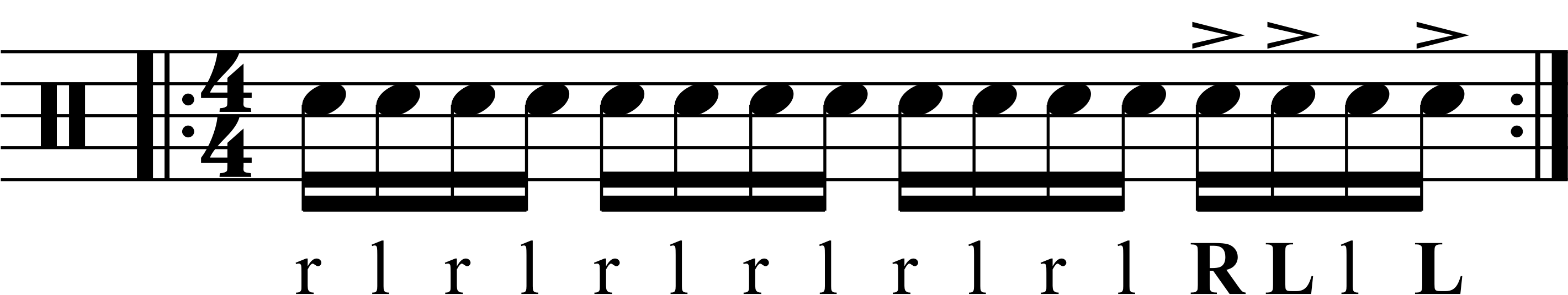 Sixteenth note grouping accent in a single stroke roll