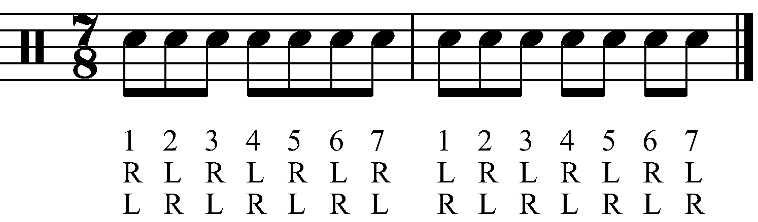 A Single Stroke Roll in 7/8 as dotted crotchets.