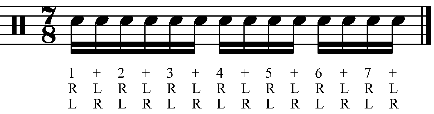 A Single Stroke Roll in 7/8 as dotted crotchets.