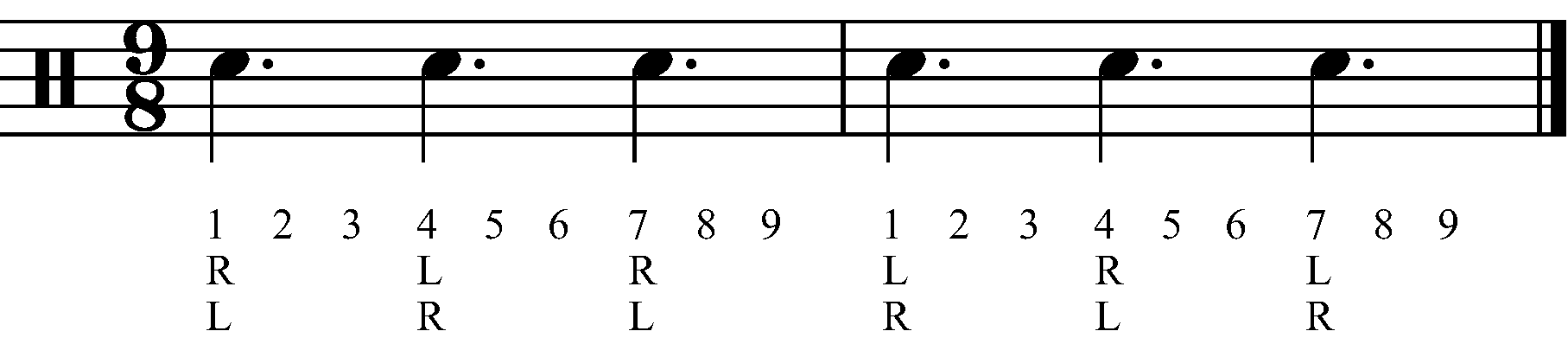 A Single Stroke Roll in 9/8 as dotted crotchets.