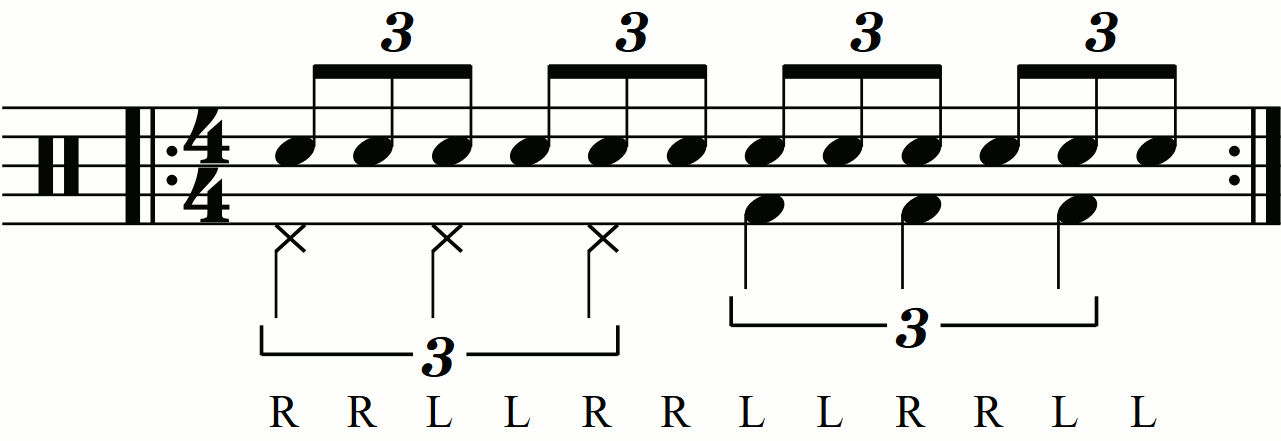 Quarter note triplets on the feet under a double stroke triplet