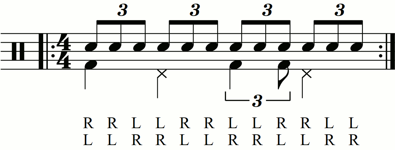 Adding swung eighth note groove style feet under a double stroke triplet