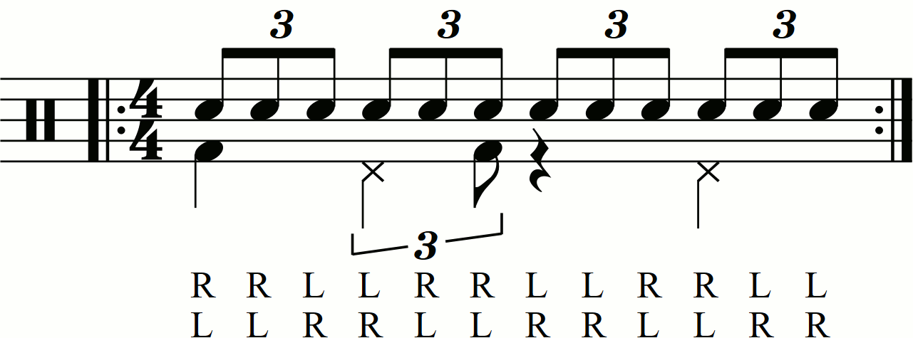 Adding swung eighth note groove style feet under a double stroke triplet