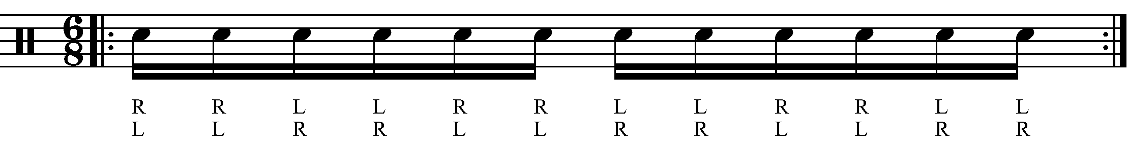 A double stroke triplet in 6/8 as sixteenth notes