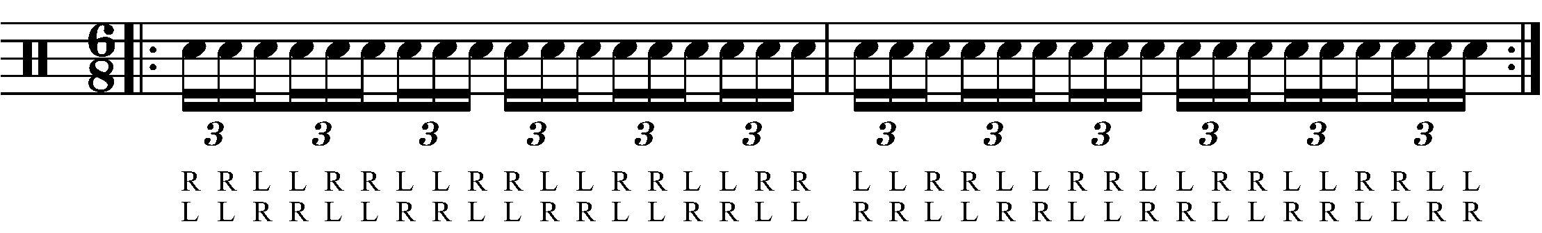 A double stroke triplet in 6/8 as sixteenth note triplets