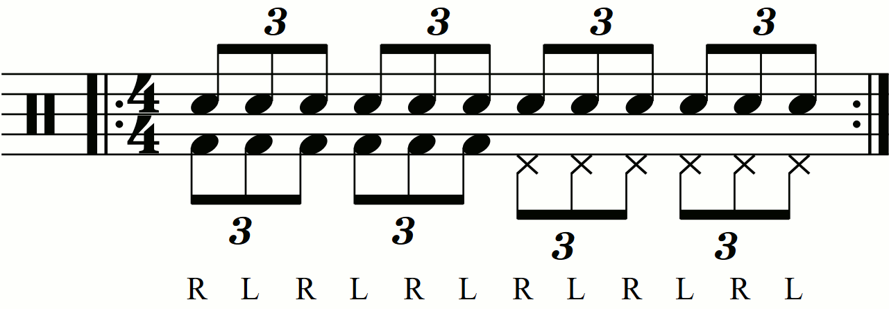 Eighth note triplets on the feet under a single stroke triplet