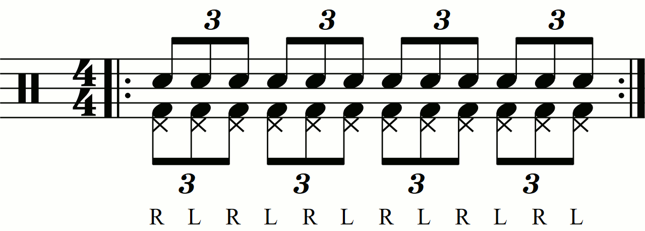 Eighth note triplets on the feet under a single stroke triplet