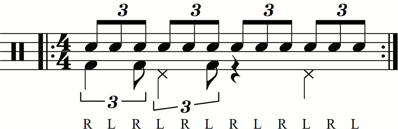 Applying level 0 groove movements on the feet under a single stroke triplet
