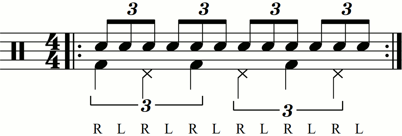 Quarter note triplets on the feet under a single stroke triplet