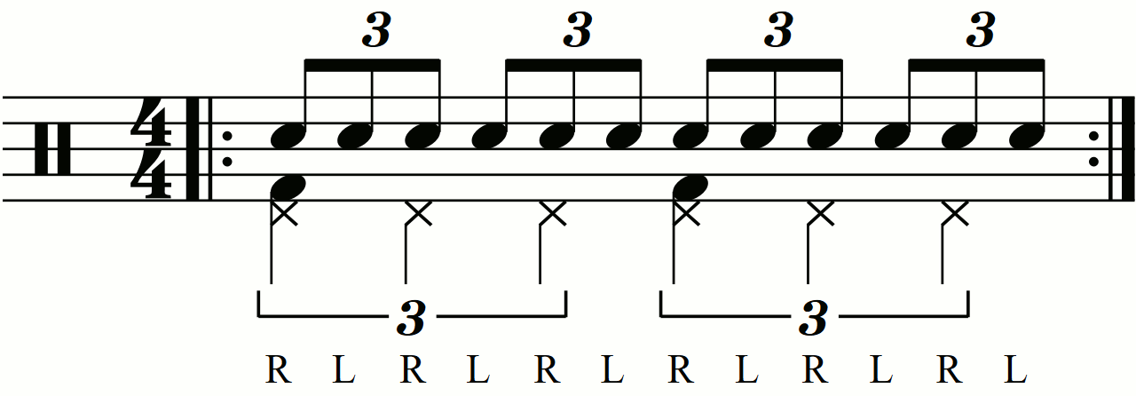 Quarter note triplets on the feet under a single stroke triplet