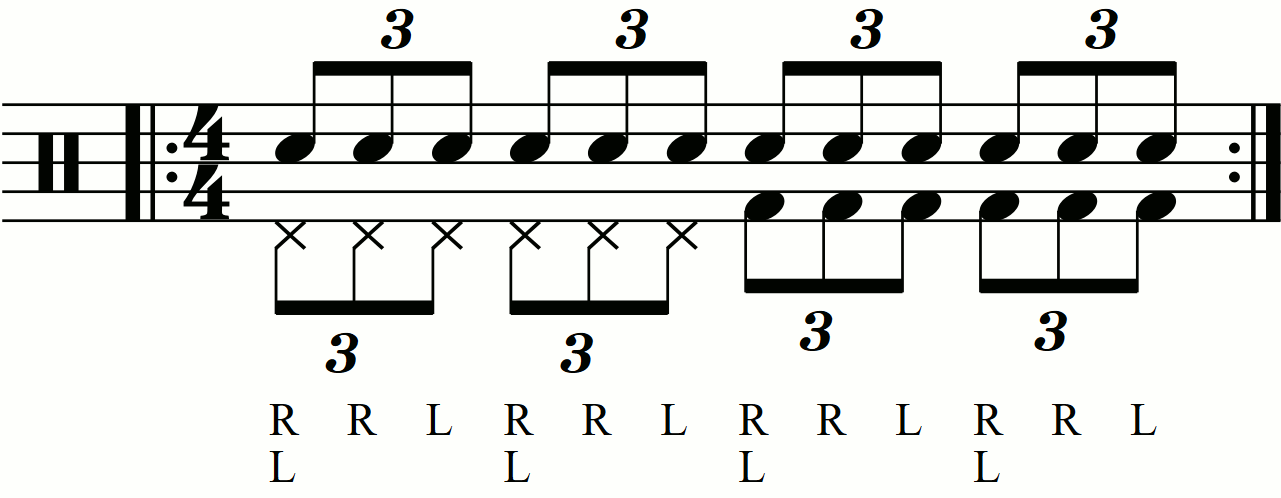 Eighth note triplets on the feet under a swiss army triplet
