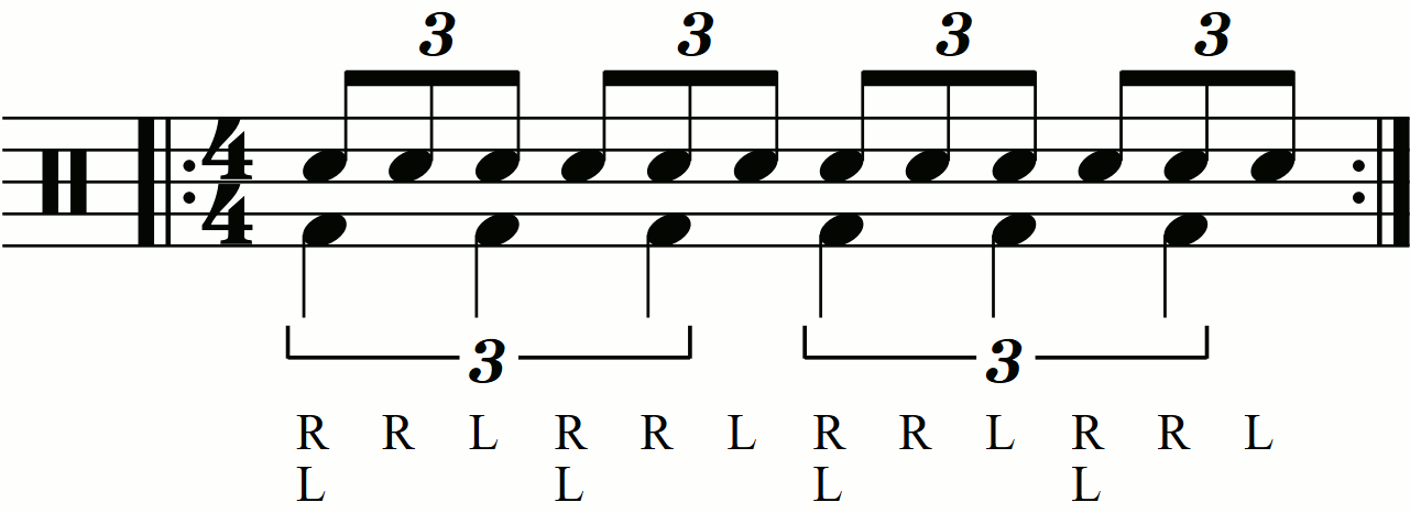Quarter note triplets on the feet under a swiss army triplet
