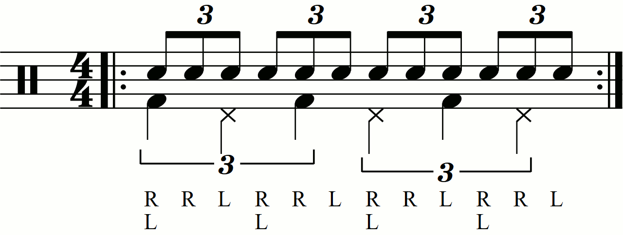 Quarter note triplets on the feet under a swiss army triplet