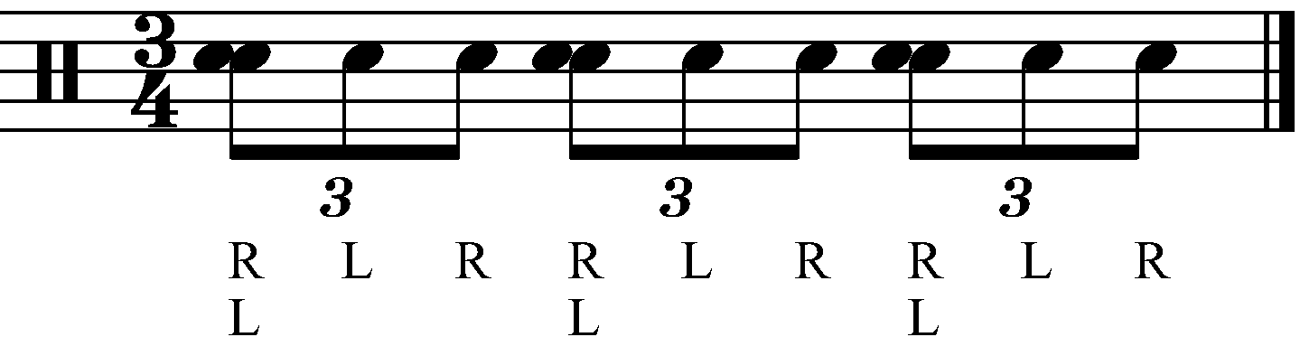 A swiss army triplet in 3/4 with reverse sticking