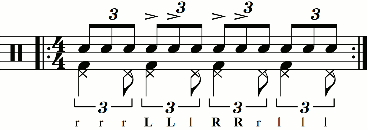 A triple stroke roll with first and second stroke accents