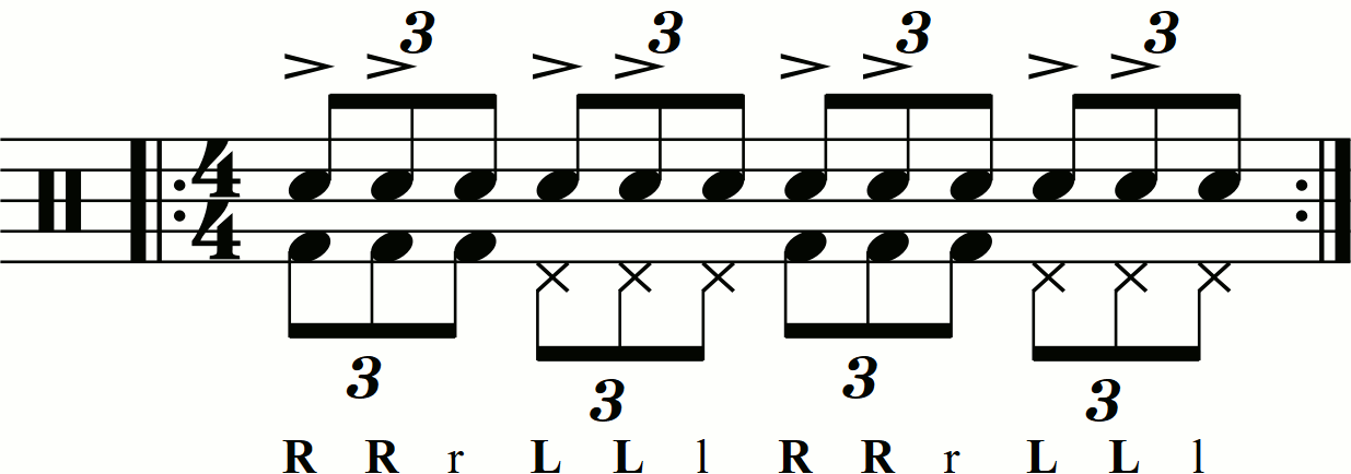 A triple stroke roll with first and second stroke accents