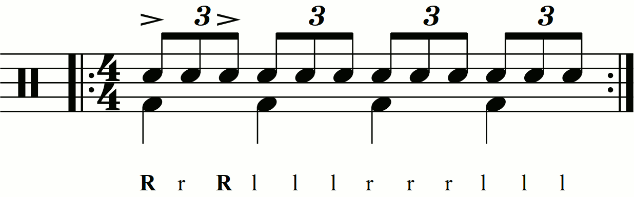 A triple stroke roll with first and third stroke accents