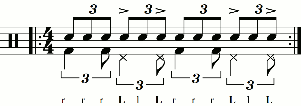 A triple stroke roll with first and third stroke accents