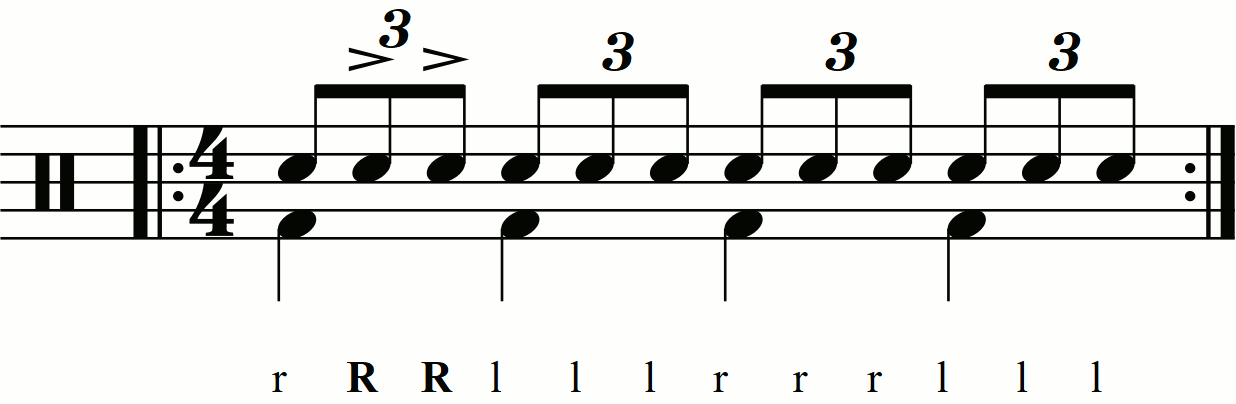 A triple stroke roll with second and third stroke accents