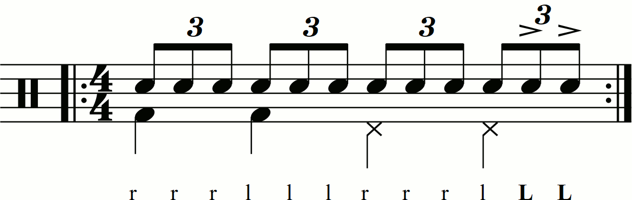A triple stroke roll with second and third stroke accents