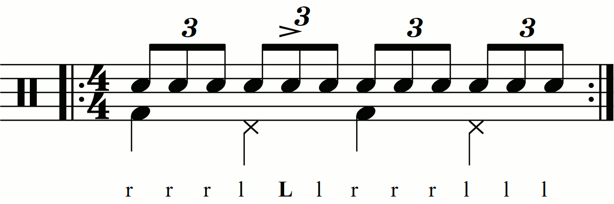 A triple stroke roll with second stroke accents