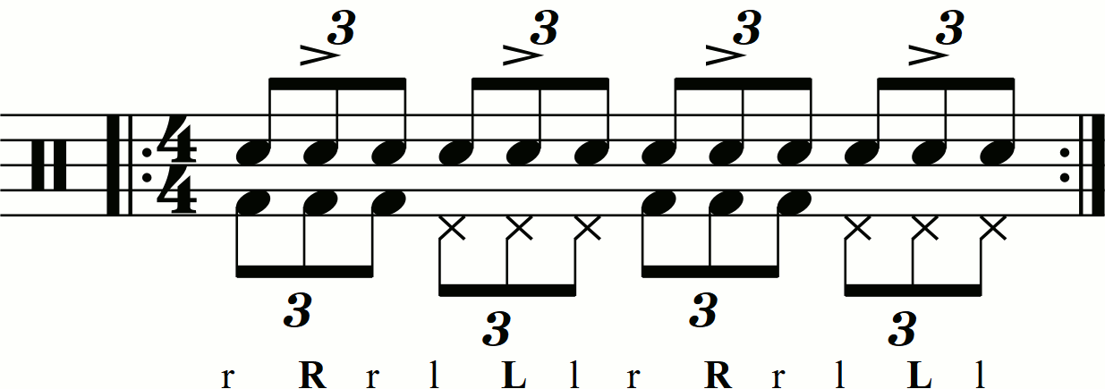 A triple stroke roll with second stroke accents