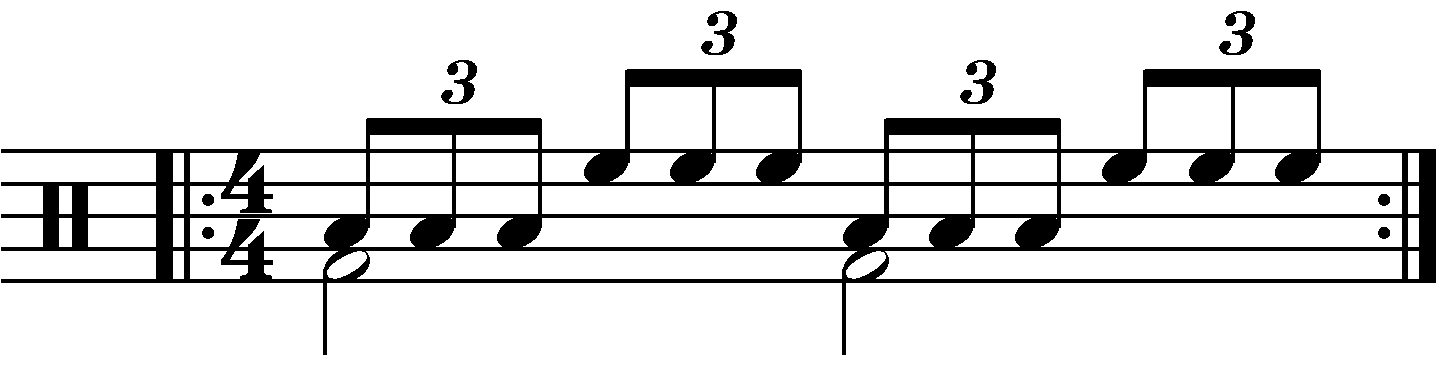 A triple stroke roll with each hand playing a different drum