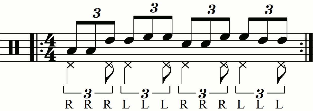 Triple stroke roll played as groups of two