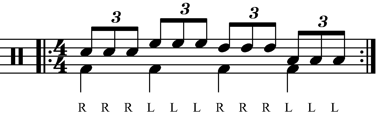 Triple stroke roll played as groups of three