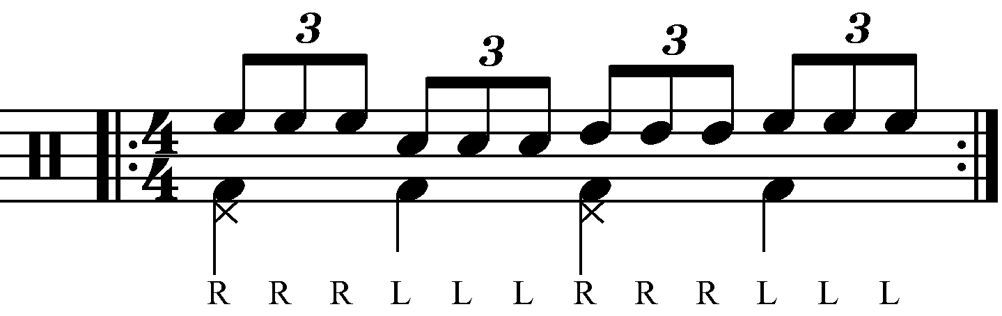 Triple stroke roll played as groups of three