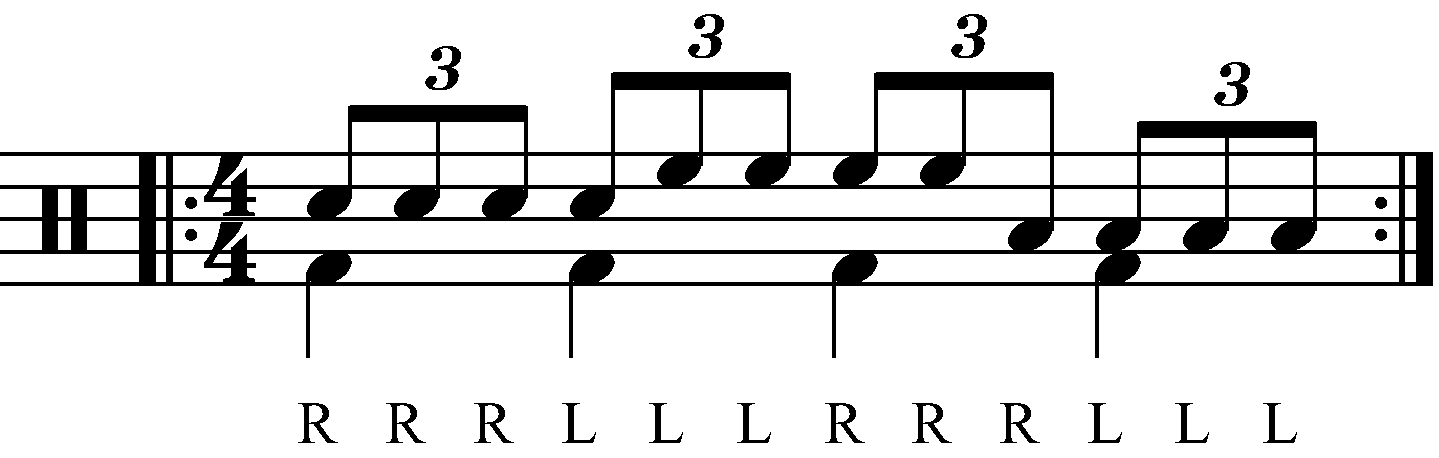 Triple stroke roll played as groups of four