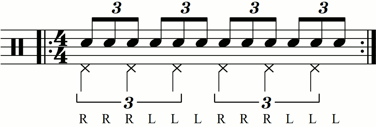 Quarter note triplets on the feet under a triple stroke roll