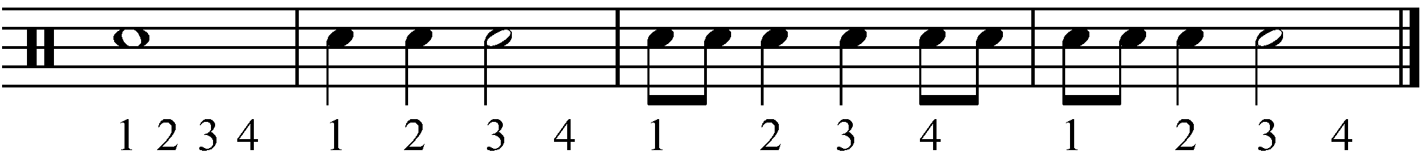 A four bar example snare drum rhythm with numbered counts.